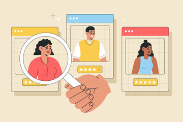 Hiring and recruitment agency, headhunting concept. Hand with magnifying glass choosing best candidate for Job. Hand drawn vector illustration isolated on background, modern flat cartoon style