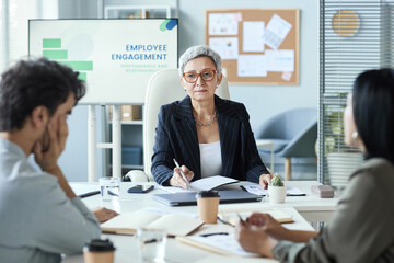 Portrait of senior businesswoman sitting at head of table during business meeting with team