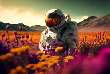 Poster Astronaut picking beautiful flowers on a mesmerizing alien planet. space themed galaxy moments of a space mans life. room for copy space and print inspiring wanderlust for those who love to travel  © Bradley