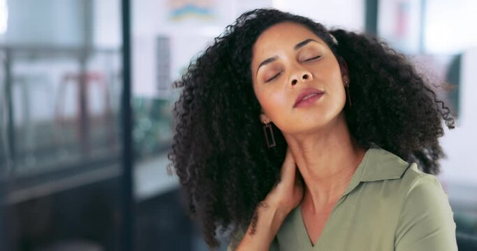 Black woman, neck pain and burnout from business stress while at office desk for massage for pain relief, fatigue or tired body. Female entrepreneur stretching for muscle discomfort or health problem