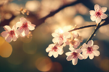Obraz premium Warm closeup of spring blossoms in a nature scene with closely shot blooming tree and diffused sun flare with blurred bokeh background