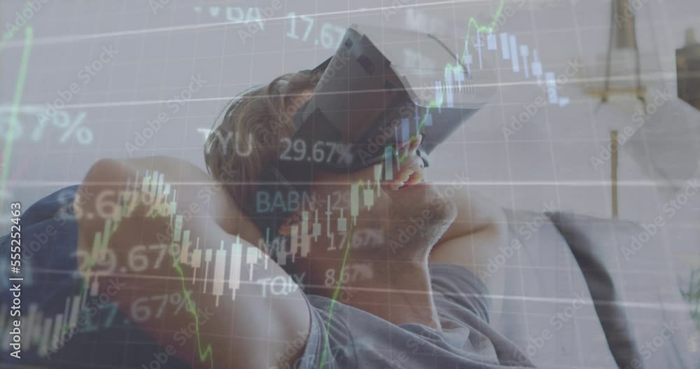 Aufkleber animation of financial data processing over caucasian man using vr headset