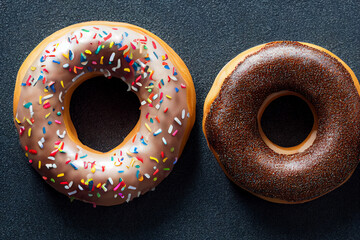 two tasty donuts with a hole with colorful toppings, generative AI