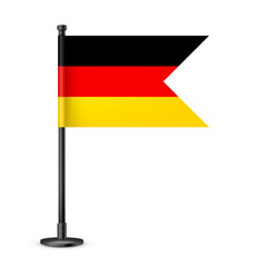 Realistic German table flag on a black steel pole. Souvenir from Germany. Desk flag made of paper or fabric and shiny metal stand. Mockup for promotion and advertising. Vector illustration