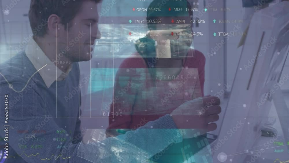 Poster animation of financial data processing over diverse business people using computer at office