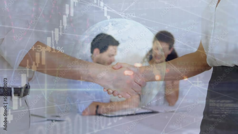 Poster animation of globe, binary coding and financial data processing over businessman handshake