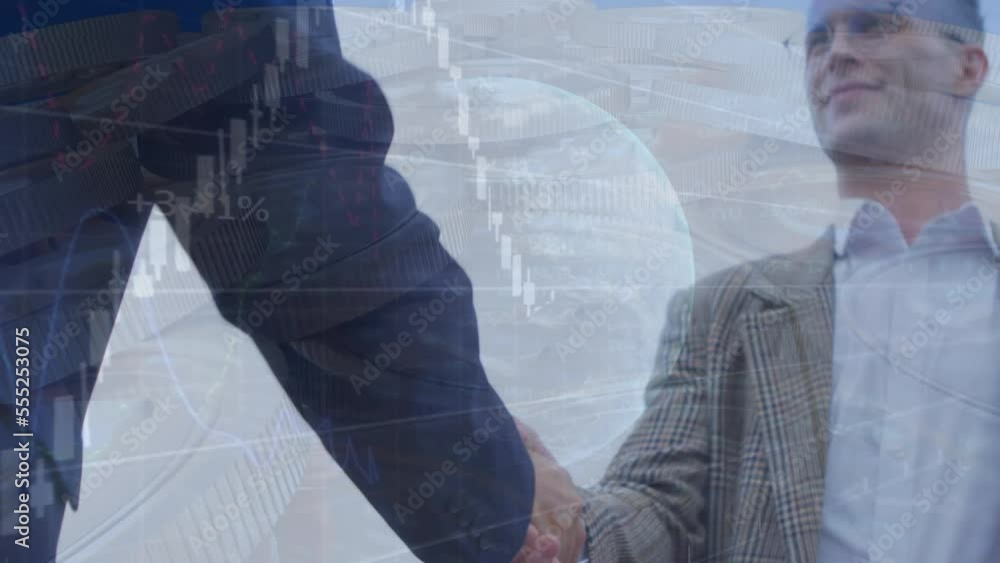Poster animation of globe and financial data processing over businessman handshake