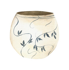 Watercolor ceramic pot clipart. Floral spring illustration
