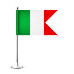 Realistic Italian table flag on a chrome steel pole. Souvenir from Italy. Desk flag made of paper or fabric and shiny metal stand. Mockup for promotion and advertising. Vector illustration