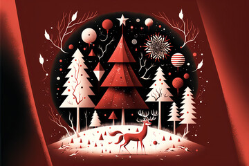 Christmas holiday illustration, trees, red and white colors, with deer,
generative ai
