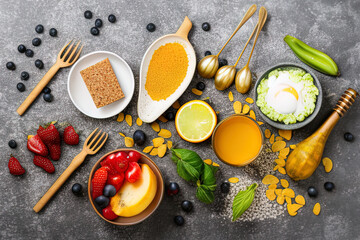 photo of a variety of fruits and vegetables laid out on a table - AI Generated