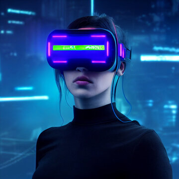 Woman portrait with VR headset in futuristic cyberpunk style, illustration