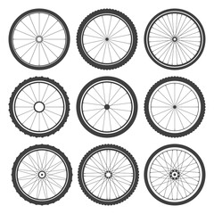 Fototapeta premium Black bicycle wheel symbols collection. Bike rubber tyre silhouettes. Fitness cycle, road and mountain bike. Vector illustration.