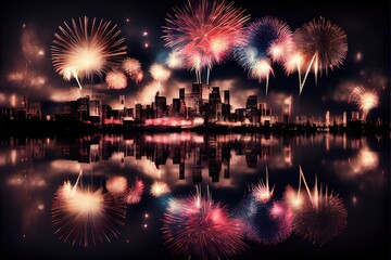 Obraz premium Fireworks exploding over a city skyline with reflections in the water, new year's eve or fourth of July festival fireworks, generative ai