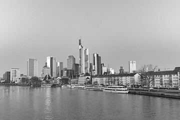 sunrise with view to skyline of Frankfurt with river Main