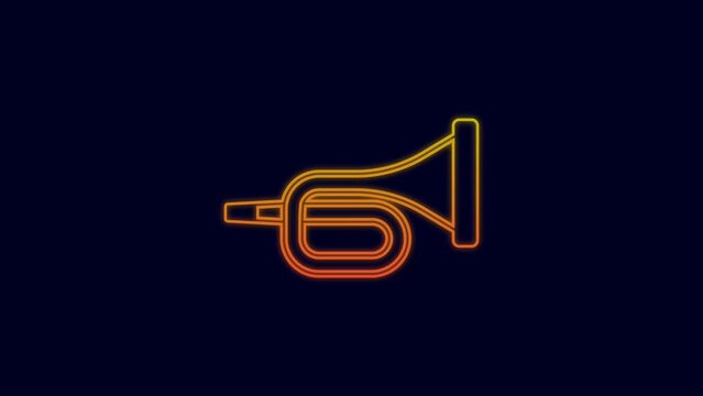 Glowing neon line Musical instrument trumpet icon isolated on blue background. 4K Video motion graphic animation