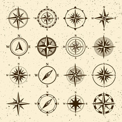 Obraz premium Vintage marine wind rose, nautical chart. Monochrome navigational compass with cardinal directions of North, East, South, West. Geographical position, cartography and navigation. Vector illustration.