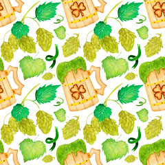 Watercolor, colorful, seamless pattern with hop sprig and cones, wooden pint with green ale on a white background.