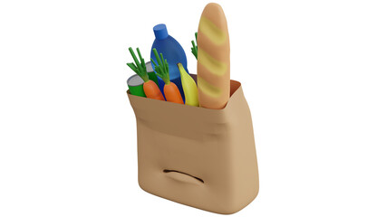 A 3D Cartoon of A Sad Paper Back with Vegetables for Educational Purposes