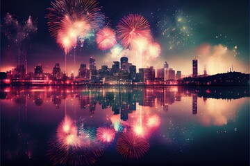 Naklejka premium Fireworks exploding over a city skyline with reflections in the water, new year's eve or fourth of July festival fireworks, generative ai
