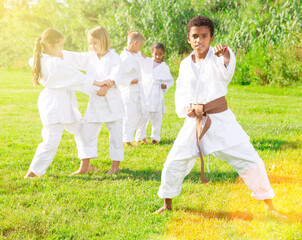Naklejka na ściany i meble Positive afro american schoolboy in kimono with white belt practicing karate with his friends in park on sunny day