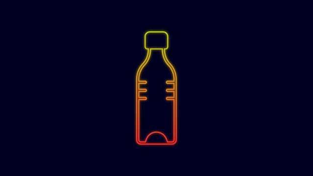 Glowing neon line Bottle of water icon isolated on blue background. Soda aqua drink sign. 4K Video motion graphic animation