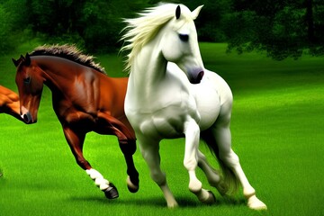 Obraz na płótnie Canvas white horse running in the field - Generative AI