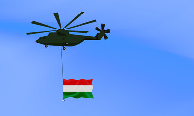 Helicopter flies with the flag of Hungary, the flag of Hungary in the sky. National holiday. vector illustration eps10