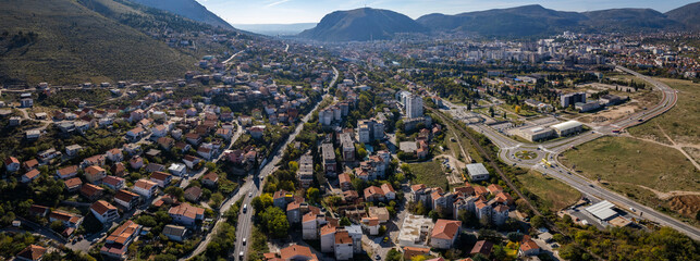 Aerial view of the city Mostar in Bosnia and Herzegovina on a sunny day in autumn