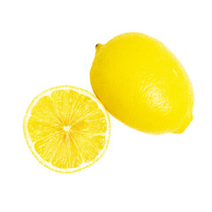 Lemon citrus fruit whole and half isolated on white background, top view