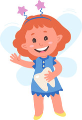 Cartoon cute tooth fairy with teeth flat icon Magic dentist