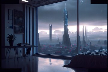 Futurist Bedroom with view to the metropolis. 