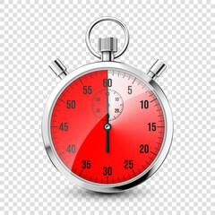 Realistic classic stopwatch icon. Shiny metal chronometer, time counter with dial. Red countdown timer showing minutes and seconds. Time measurement for sport, start and finish. Vector illustration
