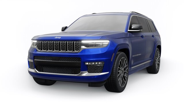 Dallas, USA. December 12, 2022. Red Jeep Grand Cherokee L 2022 on a white background. A premium SUV car with an original design and extensive capabilities both in the city. 3d illustration