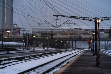 Northern Railway Station (Gara de Nord) during a cold and snowy day in Bucharest, Romania, 2021