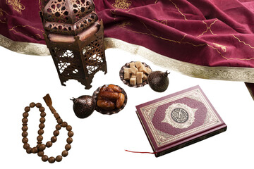 Composition with muslim lamp, holy book and arabic dessert