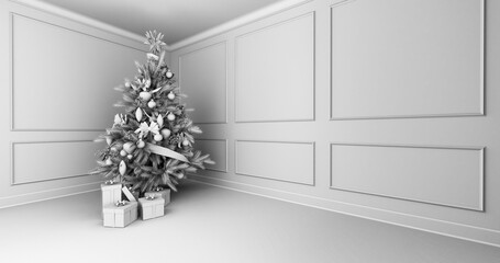 Boże Narodzenie, pięknie ozdobiona choinka a pod nią prezenty świąteczne. Klasyczne wnętrze. 3D rendering, 3D ilustracja, obraz czarno-biały - obrazy, fototapety, plakaty