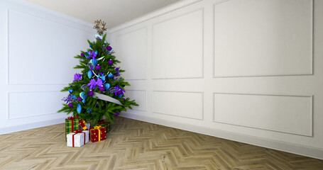 Boże Narodzenie, pięknie ozdobiona choinka a pod nią prezenty świąteczne. Klasyczne wnętrze. 3D rendering, 3D ilustracja