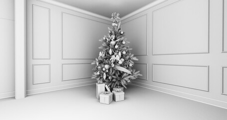 Boże Narodzenie, pięknie ozdobiona choinka a pod nią prezenty świąteczne. Klasyczne wnętrze. 3D rendering, 3D ilustracja, obraz czarno-biały