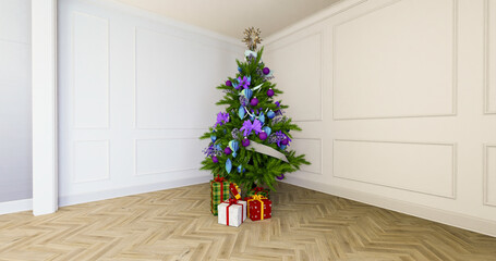 Boże Narodzenie, pięknie ozdobiona choinka a pod nią prezenty świąteczne. Klasyczne wnętrze. 3D rendering, 3D ilustracja