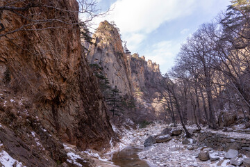 Fototapeta na wymiar Snowy winter stream in Seoraksan Mountain