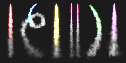 Realistic colorful space rocket trails. Festive fireworks launch. Fire burst, explosion. Missile or bullet trail. Jet aircraft tracks. Smoke clouds, fog. Steam flow. Vector illustration