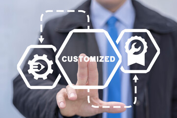 Businessman using virtual touchscreen presses word: CUSTOMIZED. Customization business product...