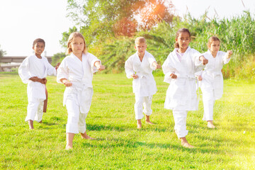 Naklejka na ściany i meble Children in white kimono practicing karate in summer outdoors