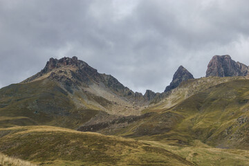 Detail of landscape with rocky mountain peak at the Col du Pourtalet in the Pyrenees Mountains, Col du Pourtalet, Nouvelle-Aquitaine France