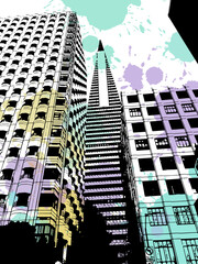 Modern San Francisco. Black and white Urban landscape. California, USA, Hand drawn sketch style. Urban sketch. Line art. Ink drawing. Vector illustration on blobs. For postcards. Without people.