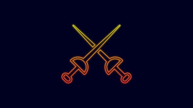 Glowing neon line Fencing icon isolated on blue background. Sport equipment. 4K Video motion graphic animation