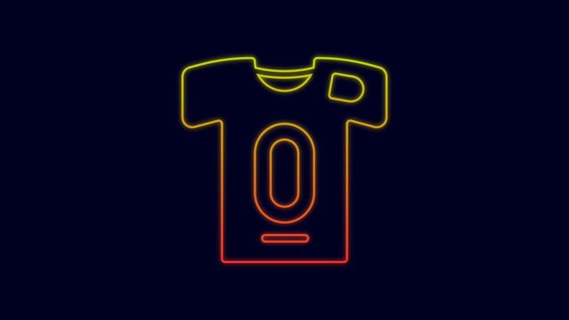 Glowing neon line Football jersey and t-shirt icon isolated on blue background. 4K Video motion graphic animation