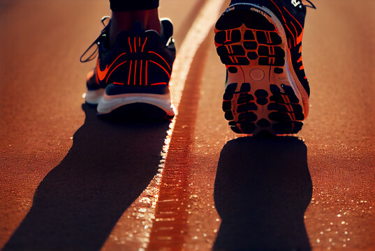 Close up on shoe, Runner athlete feet on the running track under sunlight in the morning image created with Generative AI technology.