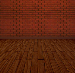 Room interior with red brick wall and wood floor 3d rendering background. Photo background. old grungy room.